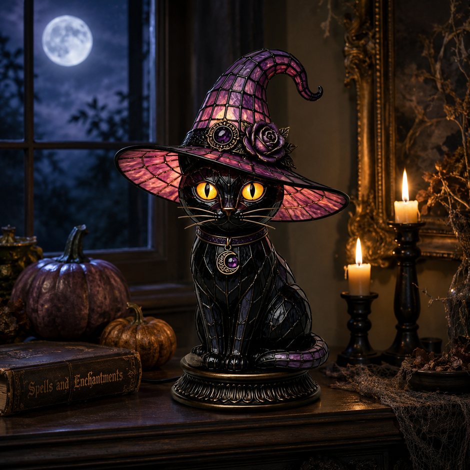 🔥Halloween Promotion - 🐈 Gothic Stained Glass Witch Black Cat Table Lamp | Halloween Witch Hat Night Light Decor