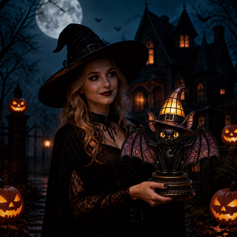 🔥Halloween Promotion - 🐈 Gothic Stained Glass Witch Black Cat Table Lamp | Halloween Witch Hat Night Light Decor