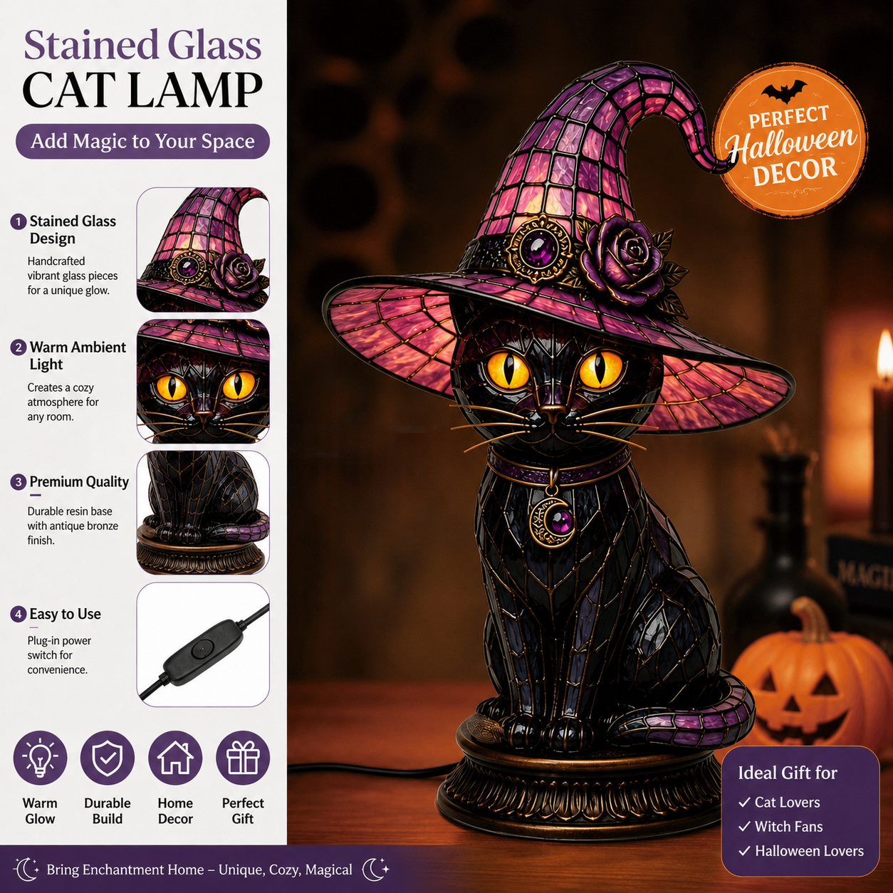 🔥Halloween Promotion - 🐈 Gothic Stained Glass Witch Black Cat Table Lamp | Halloween Witch Hat Night Light Decor