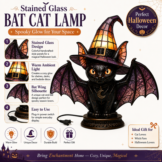 🔥Halloween Promotion - 🐈 Gothic Stained Glass Witch Black Cat Table Lamp | Halloween Witch Hat Night Light Decor