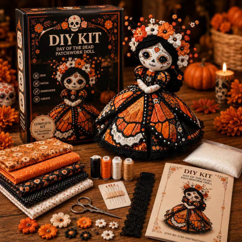 Day of the Dead Monarch Butterfly Spirit Patchwork Doll DIY Kit - Orange & Black Sugar Skull Sewing Set