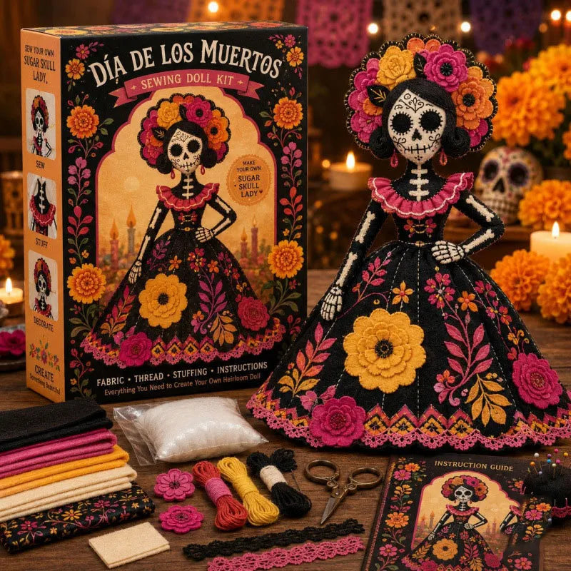 Día de Los Muertos Sugar Skull Lady DIY Doll Kit - Black & Hot Pink Floral Sewing Set