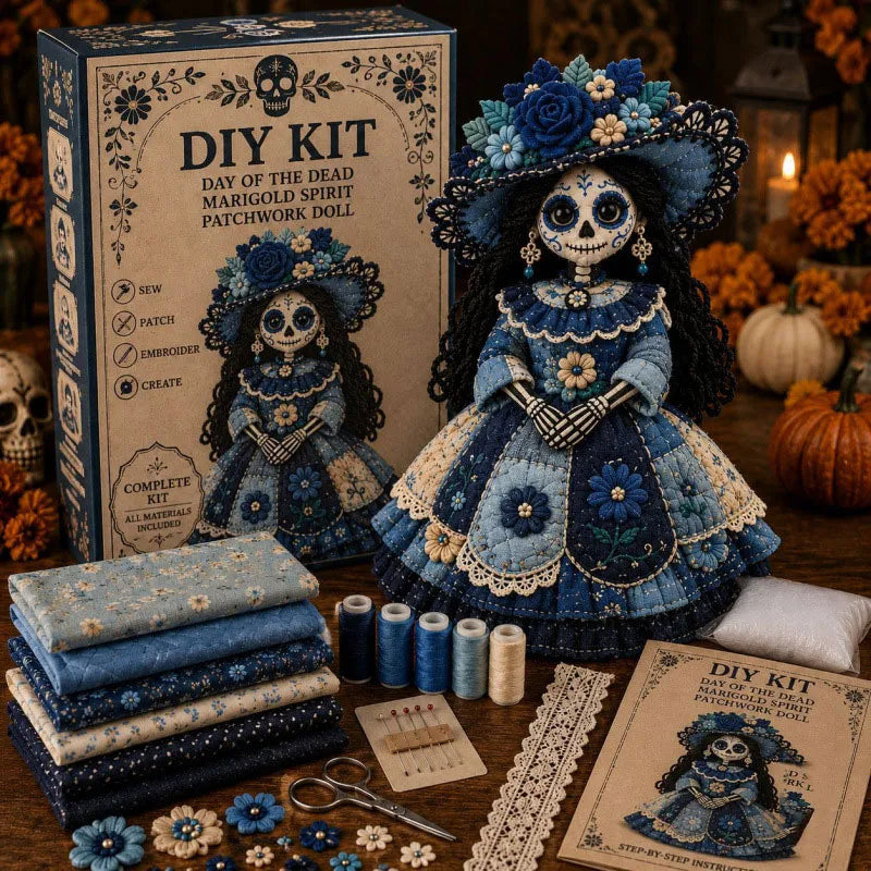 Day of the Dead Ocean Blue Spirit DIY Doll Kit - Midnight Blue Floral Bonnet Sewing Set