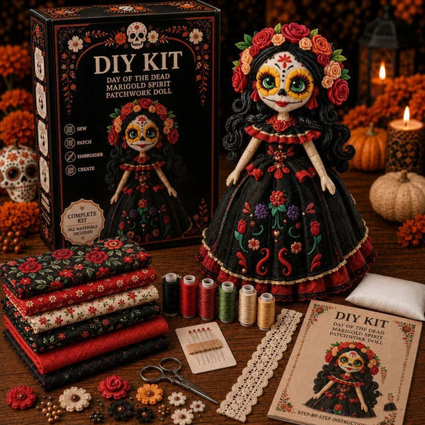 Day of the Dead Crimson Rose Spirit DIY Doll Kit - Black & Red Floral Embroidery Sewing Set