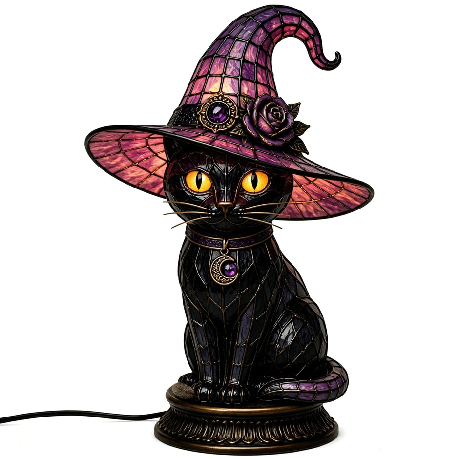 🔥Halloween Promotion - 🐈 Gothic Stained Glass Witch Black Cat Table Lamp | Halloween Witch Hat Night Light Decor