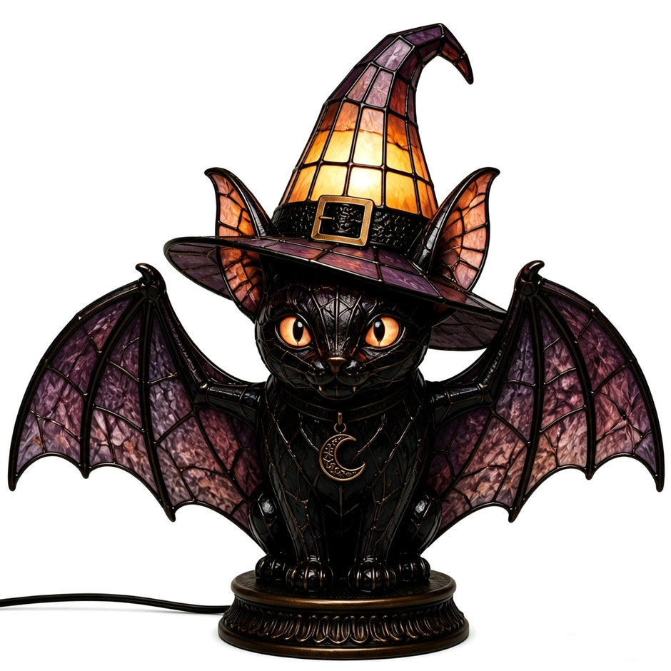 🔥Halloween Promotion - 🐈 Gothic Stained Glass Witch Black Cat Table Lamp | Halloween Witch Hat Night Light Decor