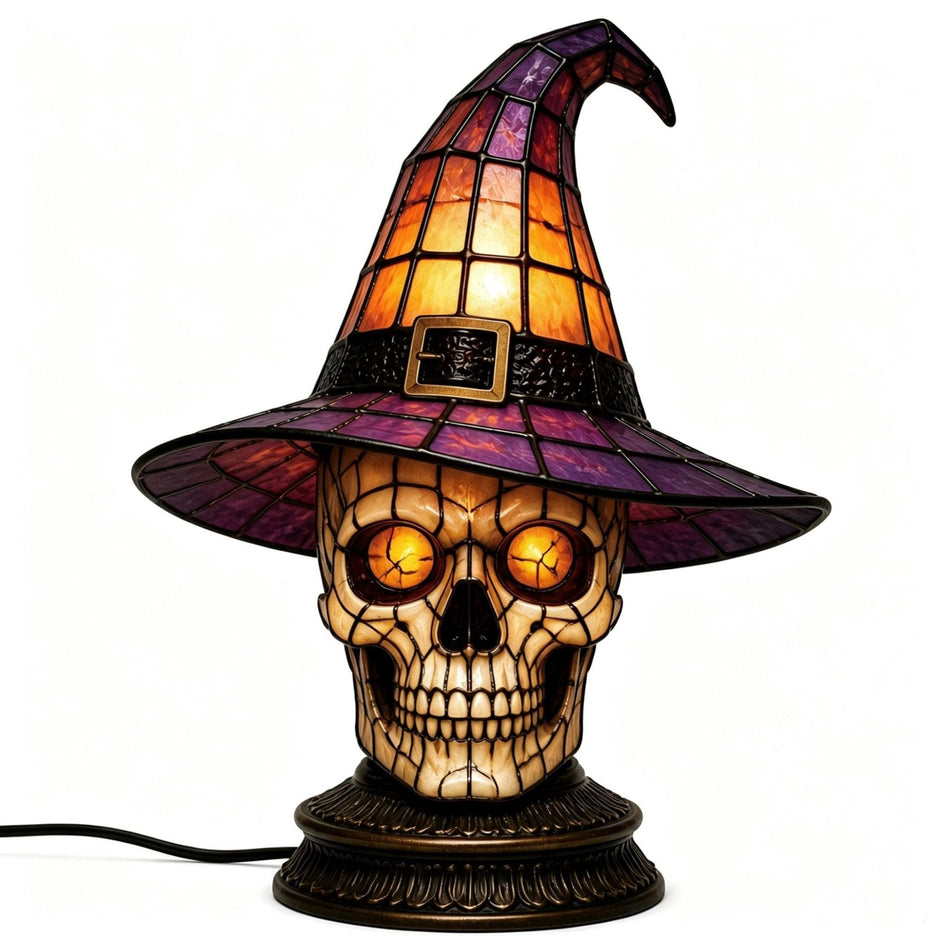 🔥Halloween Promotion - 🐈 Gothic Stained Glass Witch Black Cat Table Lamp | Halloween Witch Hat Night Light Decor