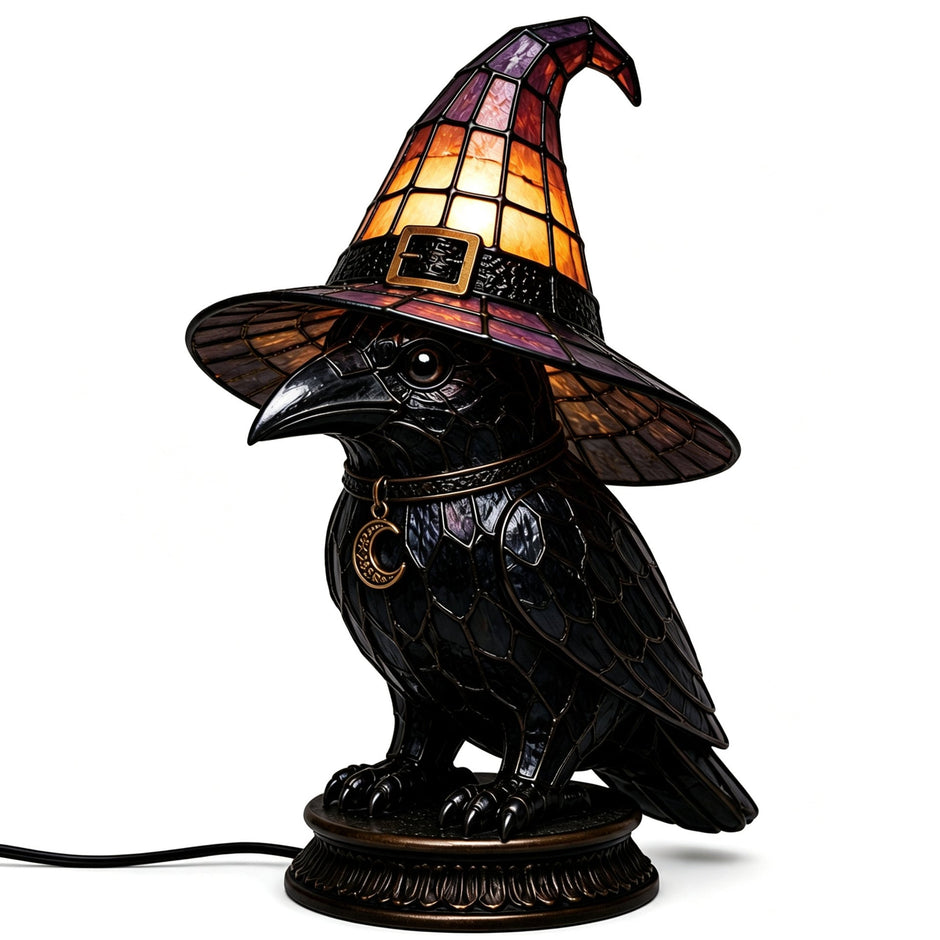 🔥Halloween Promotion - 🐈 Gothic Stained Glass Witch Black Cat Table Lamp | Halloween Witch Hat Night Light Decor