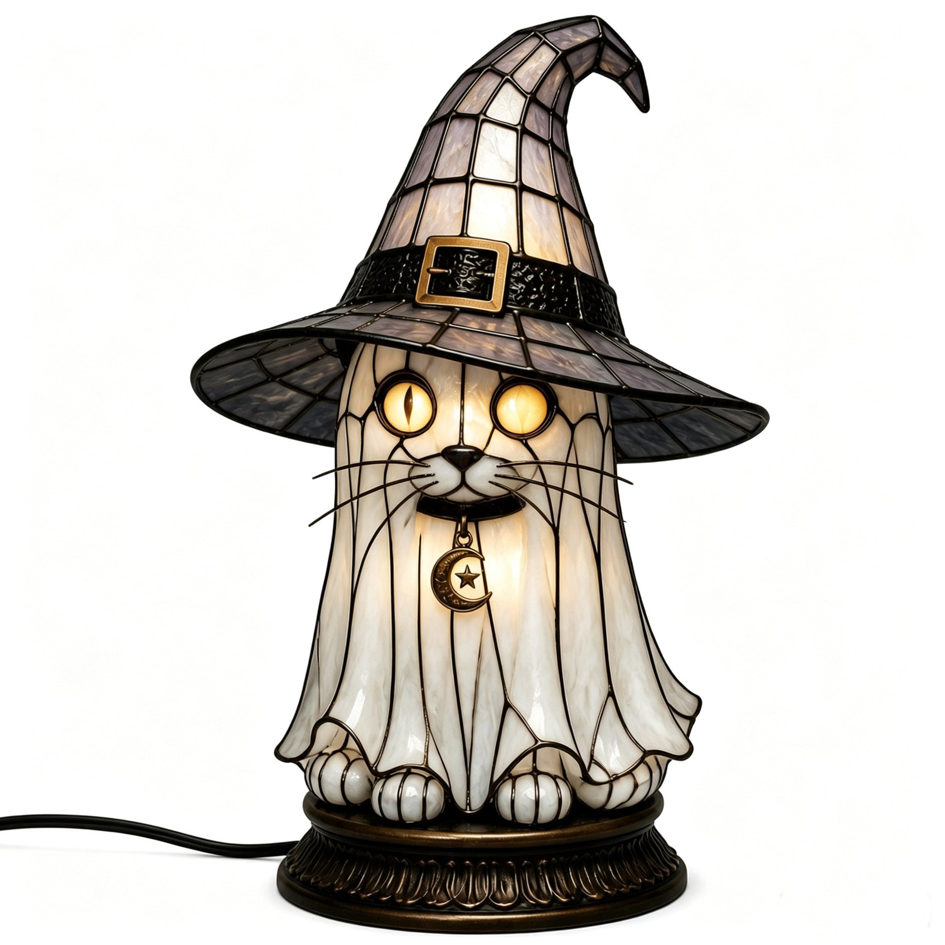 🔥Halloween Promotion - 🐈 Gothic Stained Glass Witch Black Cat Table Lamp | Halloween Witch Hat Night Light Decor