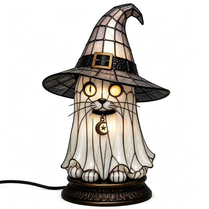🔥Halloween Promotion - 🐈 Gothic Stained Glass Witch Black Cat Table Lamp | Halloween Witch Hat Night Light Decor