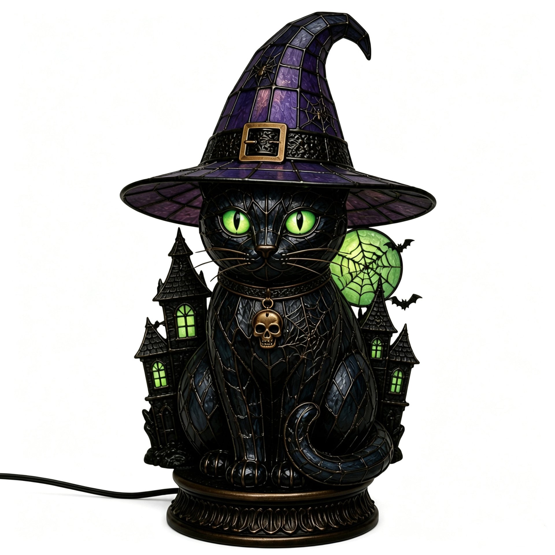 🔥Halloween Promotion - 🐈 Gothic Stained Glass Witch Black Cat Table Lamp | Halloween Witch Hat Night Light Decor