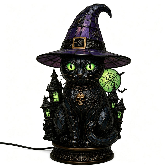 🔥Halloween Promotion - 🐈 Gothic Stained Glass Witch Black Cat Table Lamp | Halloween Witch Hat Night Light Decor