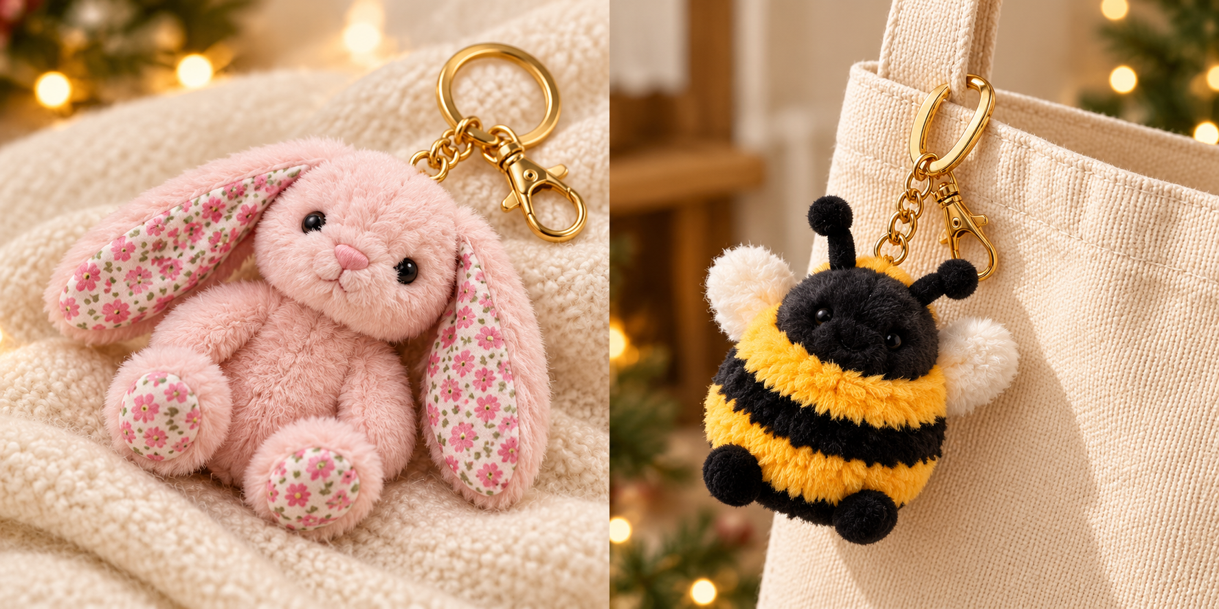 Pink floral bunny plush and gold-tone keychain hardware close-up