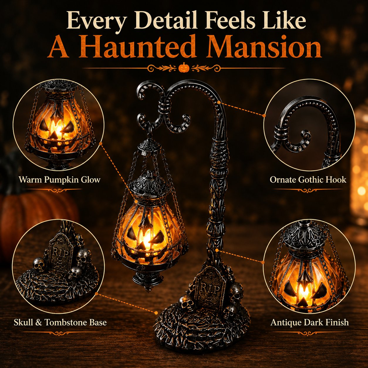 🔥Halloween Promotion -  Gothic Pumpkin Lantern Stand | Warm Orange LED Glow, Victorian Skull Details & Haunted Shelf Decor 🕯️