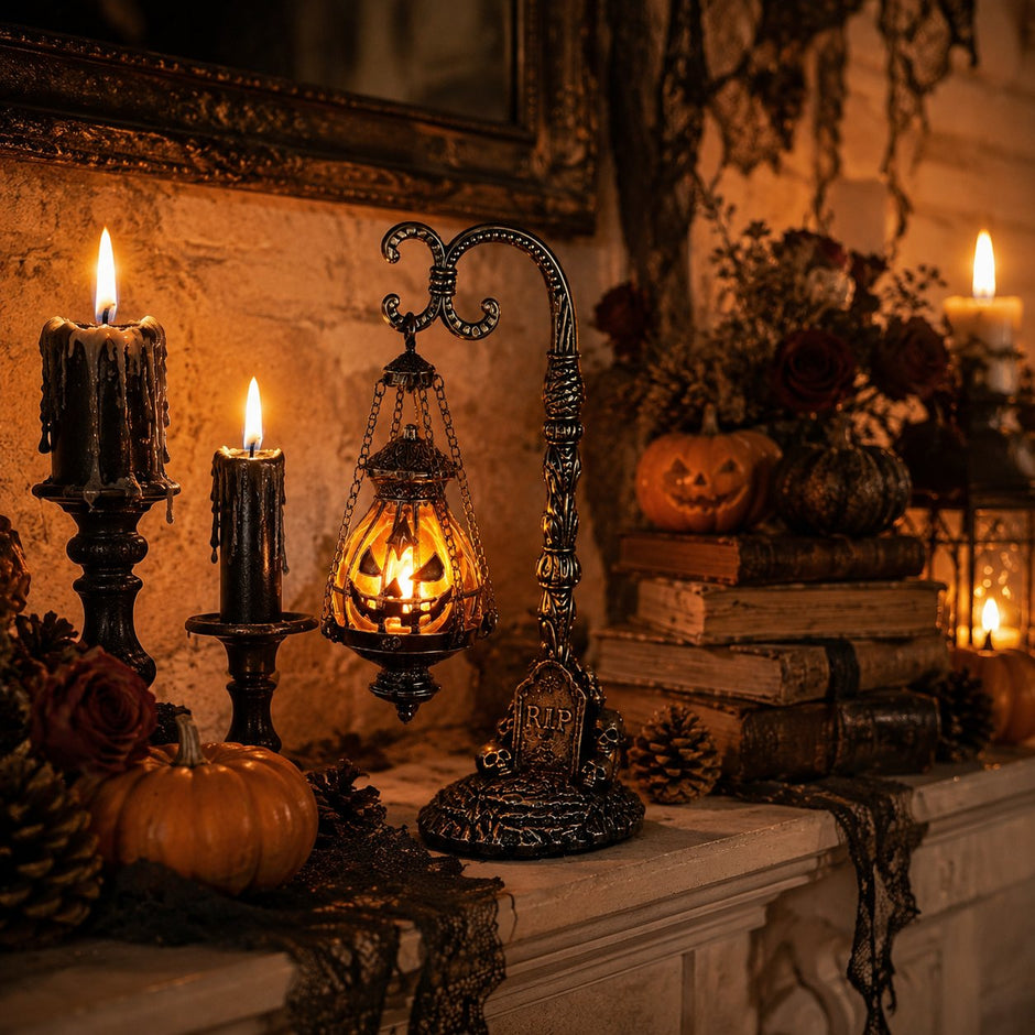 🔥Halloween Promotion -  Gothic Pumpkin Lantern Stand | Warm Orange LED Glow, Victorian Skull Details & Haunted Shelf Decor 🕯️