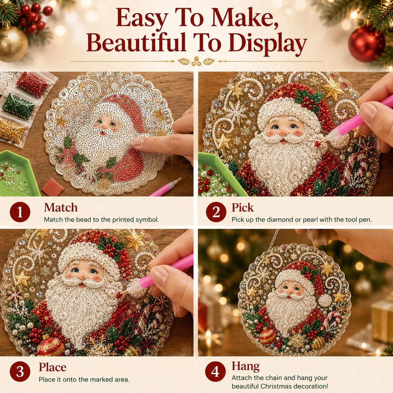 🎄Christmas Pearl Diamond Art Hanging Ornament Kit | Luxury Flocked Canvas with Scratch-Resistant Non-Fading Pearl Beads DIY Handmade Holiday Hanging Decor 🎅💎