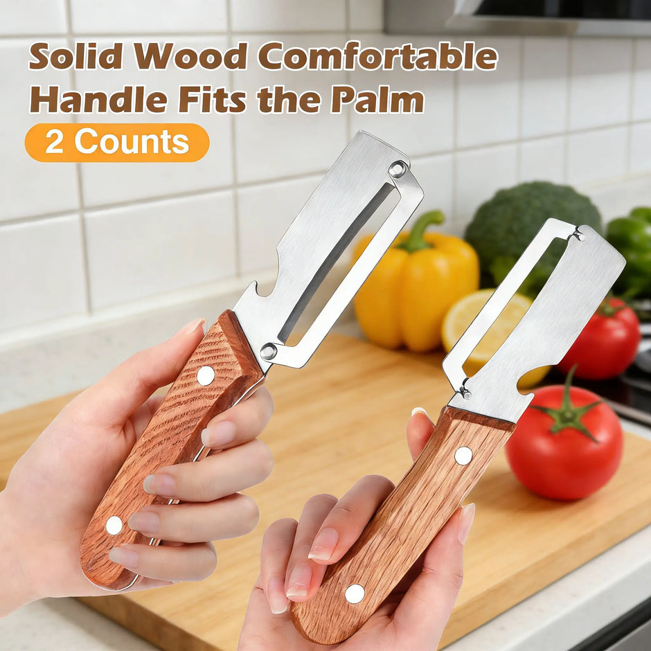 Multi Functional Vegetable Peeler for Kitchen,Wooden Handle, Potato Fruit Peeler with Bottle Opener Function, Durable Kitchen Helper