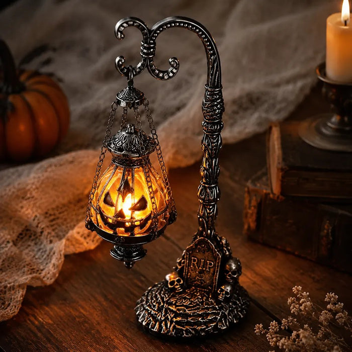 🔥Halloween Promotion -  Gothic Pumpkin Lantern Stand | Warm Orange LED Glow, Victorian Skull Details & Haunted Shelf Decor 🕯️