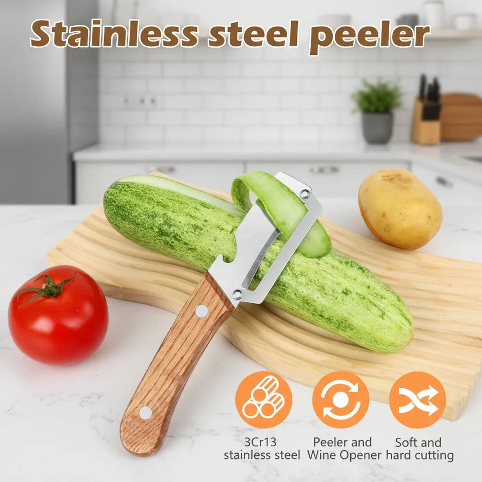 Multi Functional Vegetable Peeler for Kitchen,Wooden Handle, Potato Fruit Peeler with Bottle Opener Function, Durable Kitchen Helper