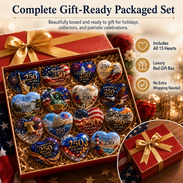 America 250th Anniversary Commemorative Heart Ornaments – 15-Piece Set