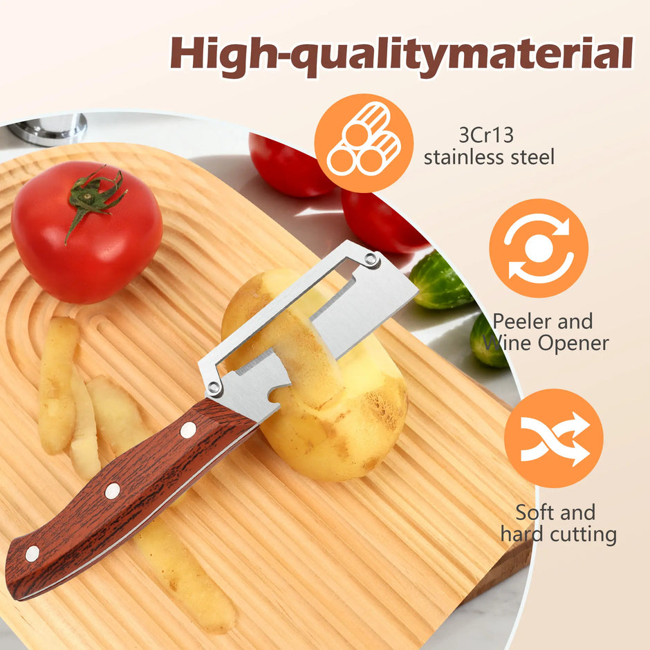 Multi Functional Vegetable Peeler for Kitchen,Wooden Handle, Potato Fruit Peeler with Bottle Opener Function, Durable Kitchen Helper