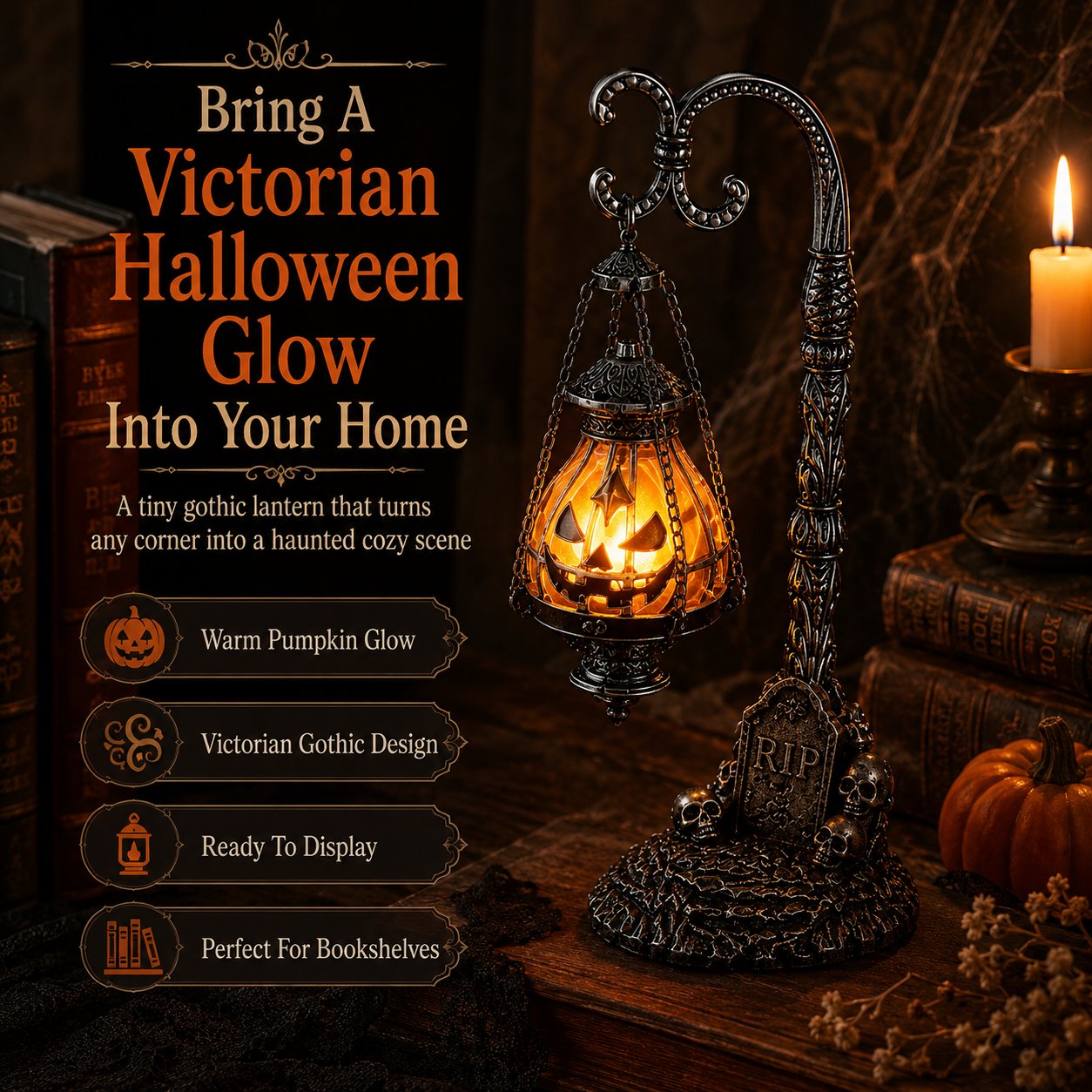 🔥Halloween Promotion -  Gothic Pumpkin Lantern Stand | Warm Orange LED Glow, Victorian Skull Details & Haunted Shelf Decor 🕯️