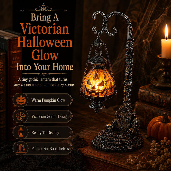 🔥Halloween Promotion -  Gothic Pumpkin Lantern Stand | Warm Orange LED Glow, Victorian Skull Details & Haunted Shelf Decor 🕯️