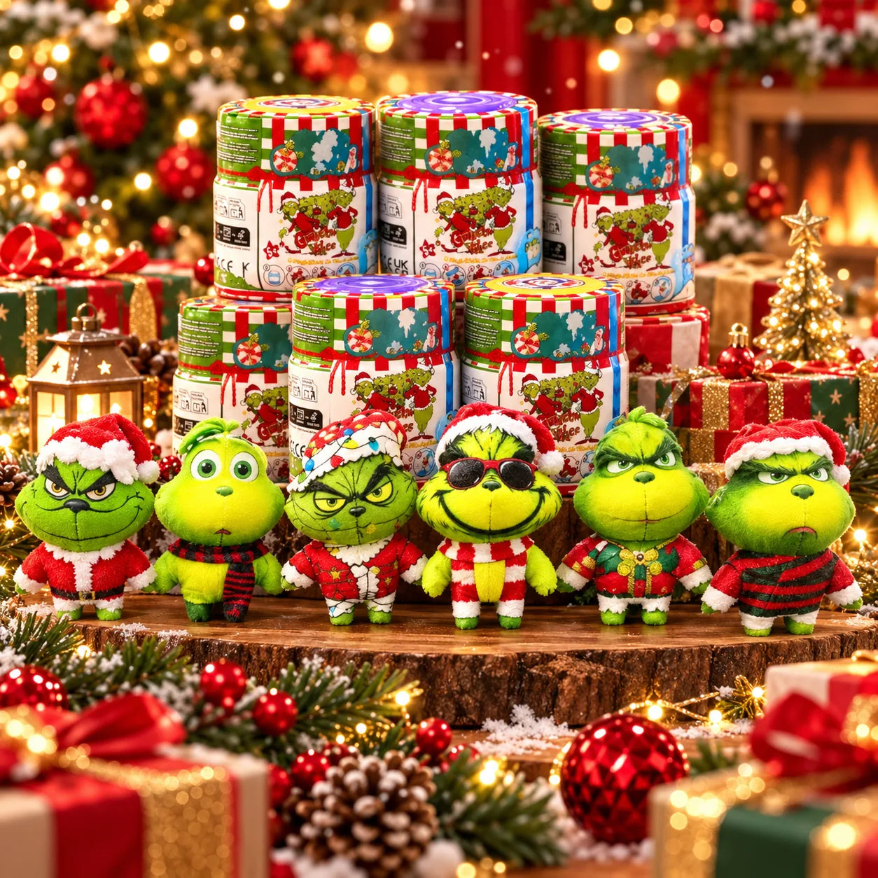Six mischievous green Christmas collectible figures with colorful mystery cans and holiday decorations