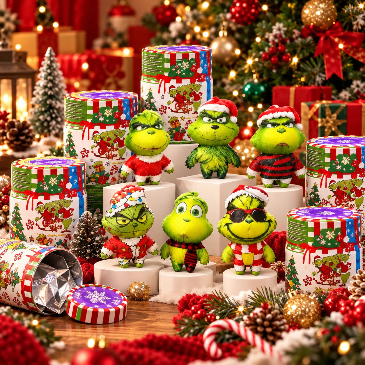 Festive presentation of green Christmas mystery collectible figures with holiday cans