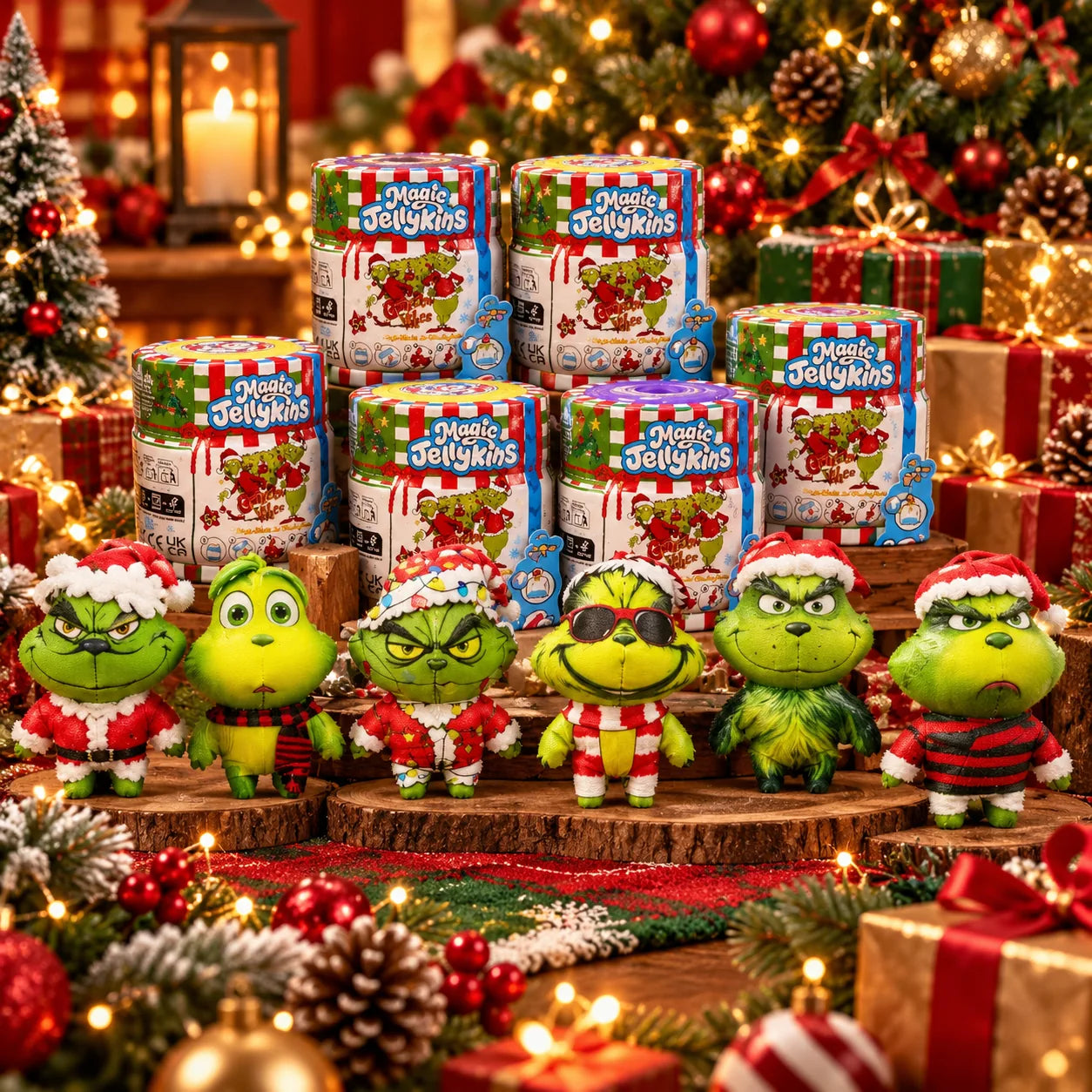 Holiday mystery figurines with Christmas tree lights, gift boxes and festive collectible cans