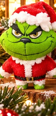 Green Christmas figure with red Santa outfit and playful smirk