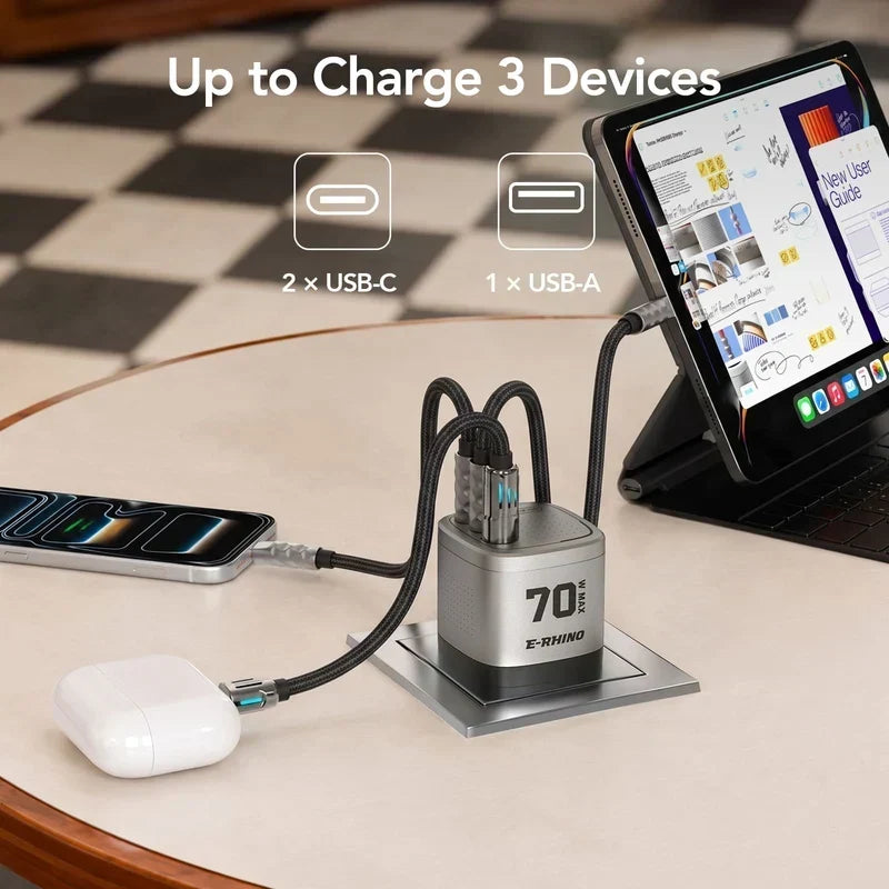 Global Travel Charger (70W, 3-Port, GaN, Integrated Rotary Plug)