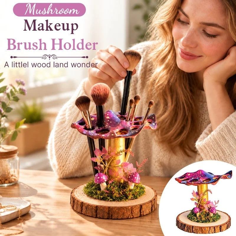 Woman placing a makeup brush into a colorful mushroom-shaped vanity organizer