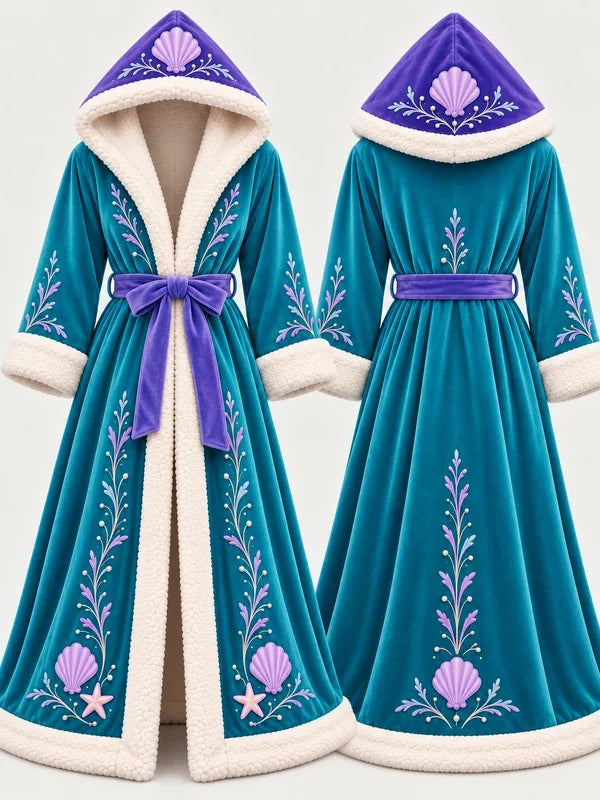 Aqua and lilac fairytale hooded plush robe with seashell decorative motifs