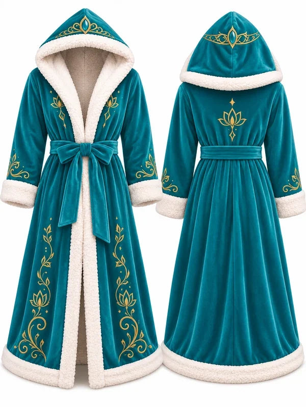 Teal plush heated robe with gold lotus-inspired patterns and white sherpa trim