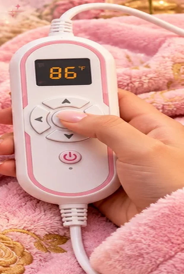Close-up of adjustable wired heating controller alongside plush pink heated fabric