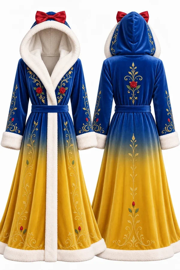 Royal blue and yellow fairytale hooded robe with red bow and rose design