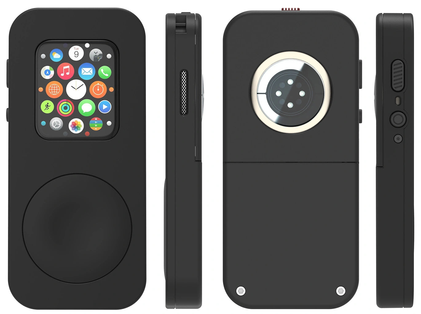 Unmodified reference crop showing black case front, left side, rear and right side with button openings