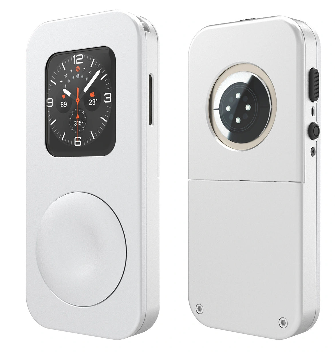 Silver retro Apple Watch case, original front and rear views showing the screen, circular motif and rear opening
