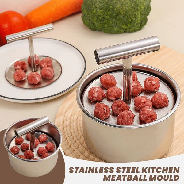 Stainless steel manual meatball maker shaping a batch of meatballs